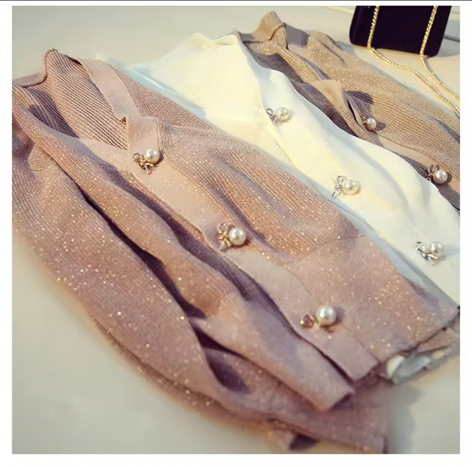 Silky Pearl Button Short Cardigan – Lightweight V-Neck Knit