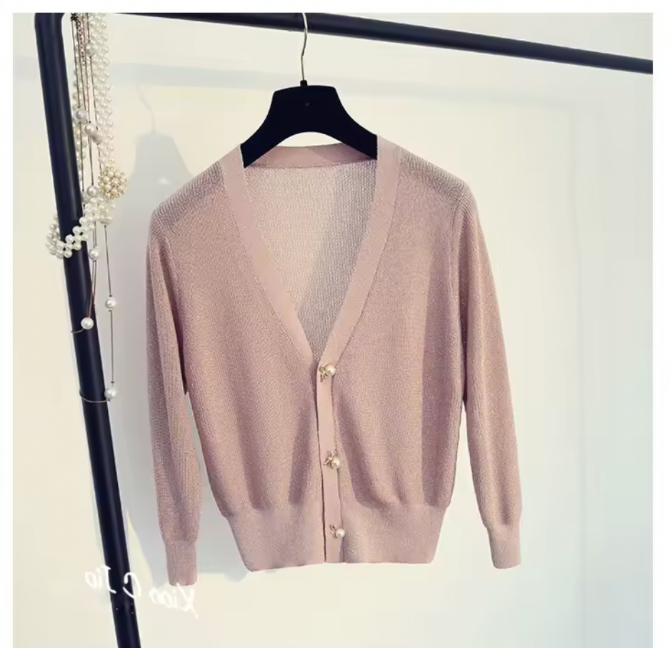 Silky Pearl Button Short Cardigan – Lightweight V-Neck Knit
