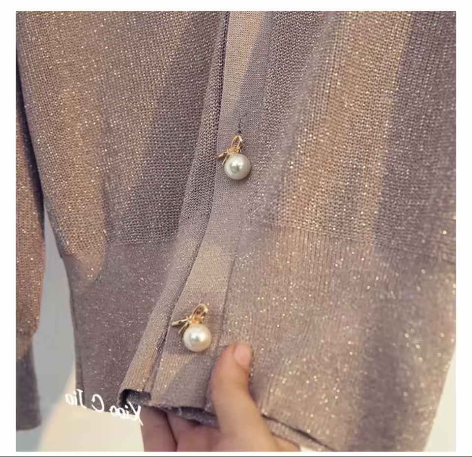 Silky Pearl Button Short Cardigan – Lightweight V-Neck Knit