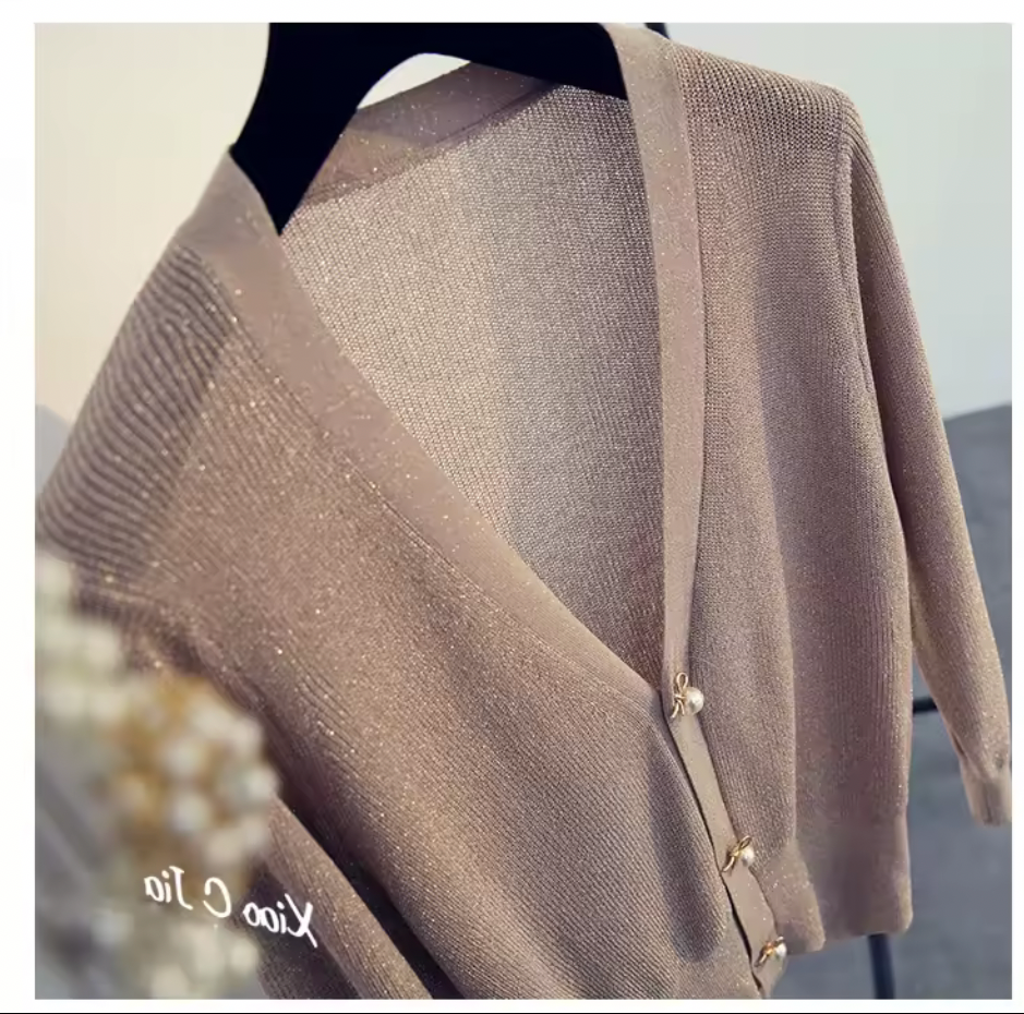 Silky Pearl Button Short Cardigan – Lightweight V-Neck Knit