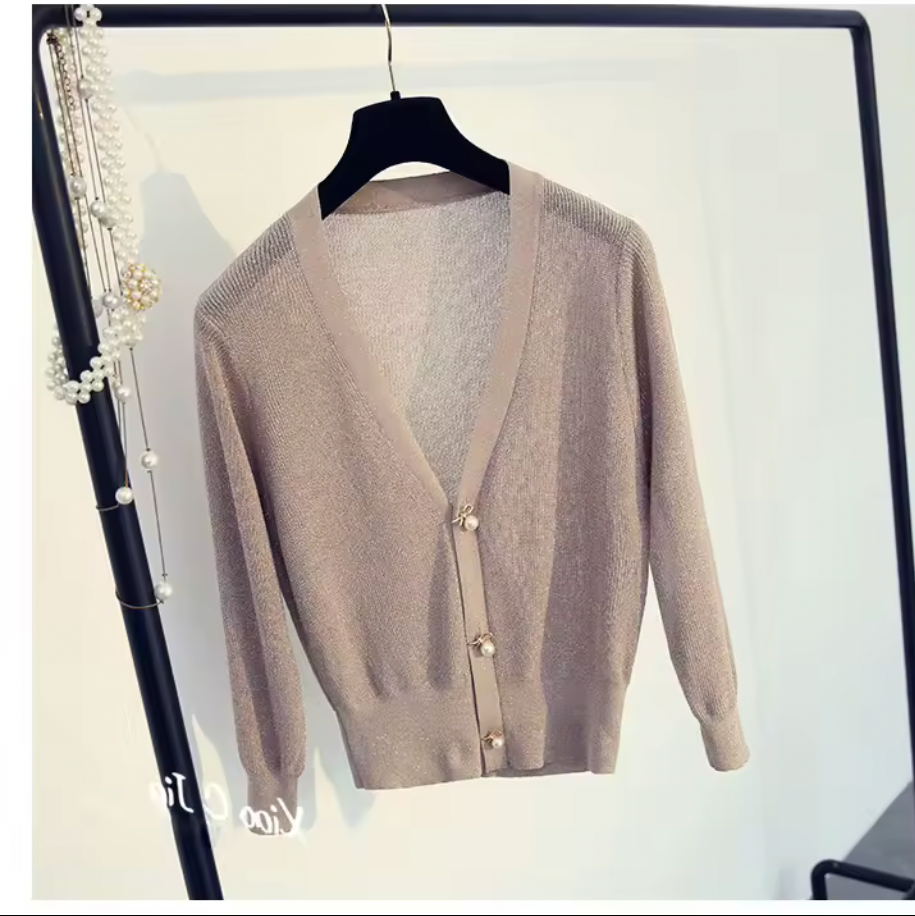 Silky Pearl Button Short Cardigan – Lightweight V-Neck Knit