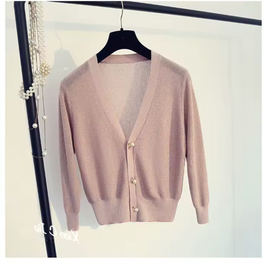 Silky Pearl Button Short Cardigan – Lightweight V-Neck Knit