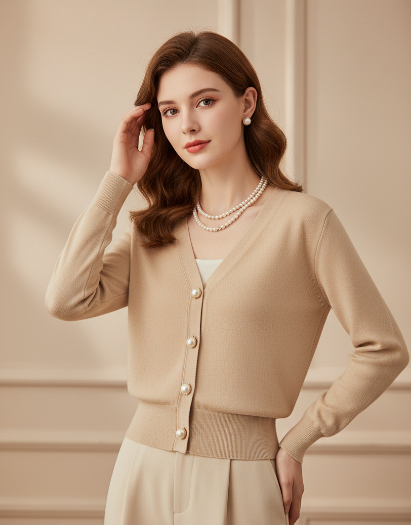 Silky Pearl Button Short Cardigan – Lightweight V-Neck Knit