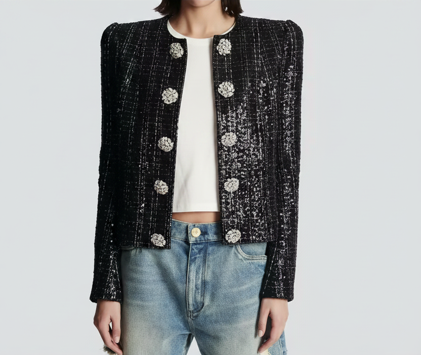 Black Sequin Crystal Button Jacket – Elegant Round Neck Statement Coat