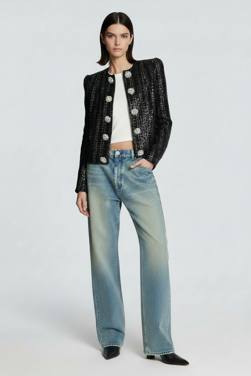 Black Sequin Crystal Button Jacket – Elegant Round Neck Statement Coat