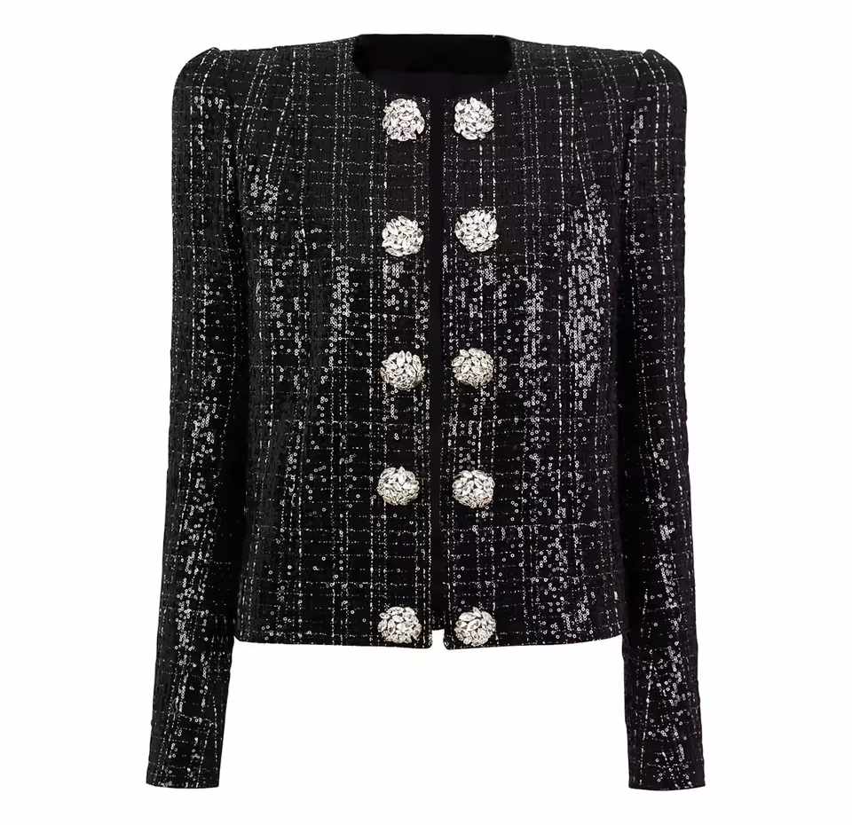 Black Sequin Crystal Button Jacket – Elegant Round Neck Statement Coat