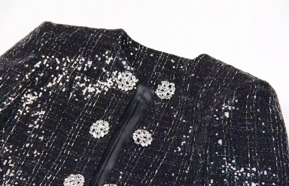 Black Sequin Crystal Button Jacket – Elegant Round Neck Statement Coat