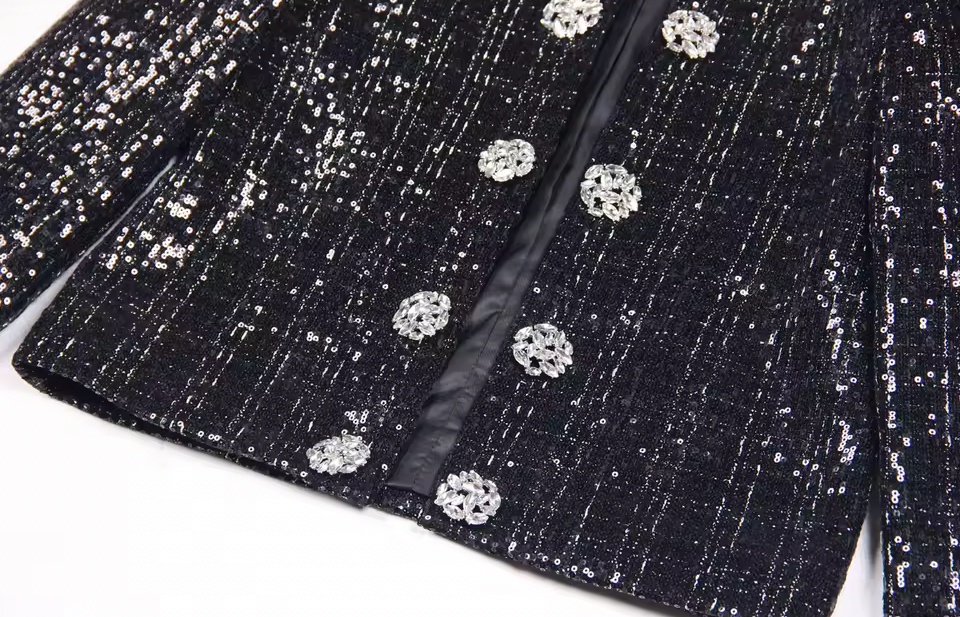 Black Sequin Crystal Button Jacket – Elegant Round Neck Statement Coat