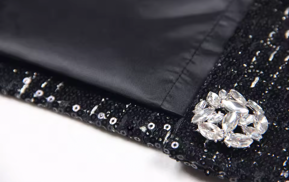 Black Sequin Crystal Button Jacket – Elegant Round Neck Statement Coat