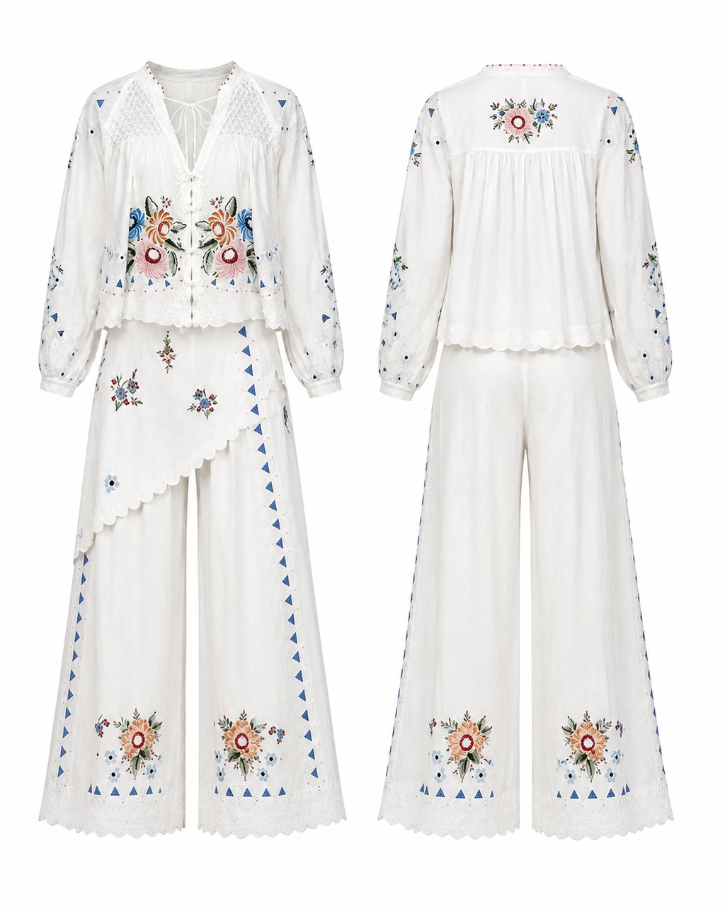 Floral Embroidered White Blouse & Skirt-Pant Set