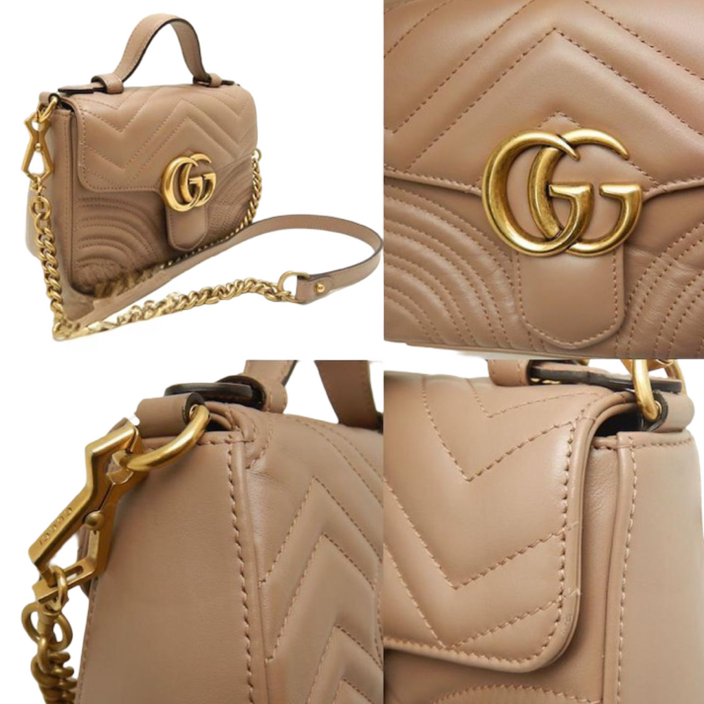 Gucci GG Marmont Mini Top Handle Bag Dusty Pink Leather Antique Gold Hardware Previously Owned Authentic