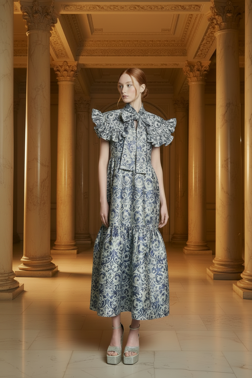 Blue Floral Embroidered Jacquard Midi Dress with Bow Tie Collar – Elegant Summer Occasion