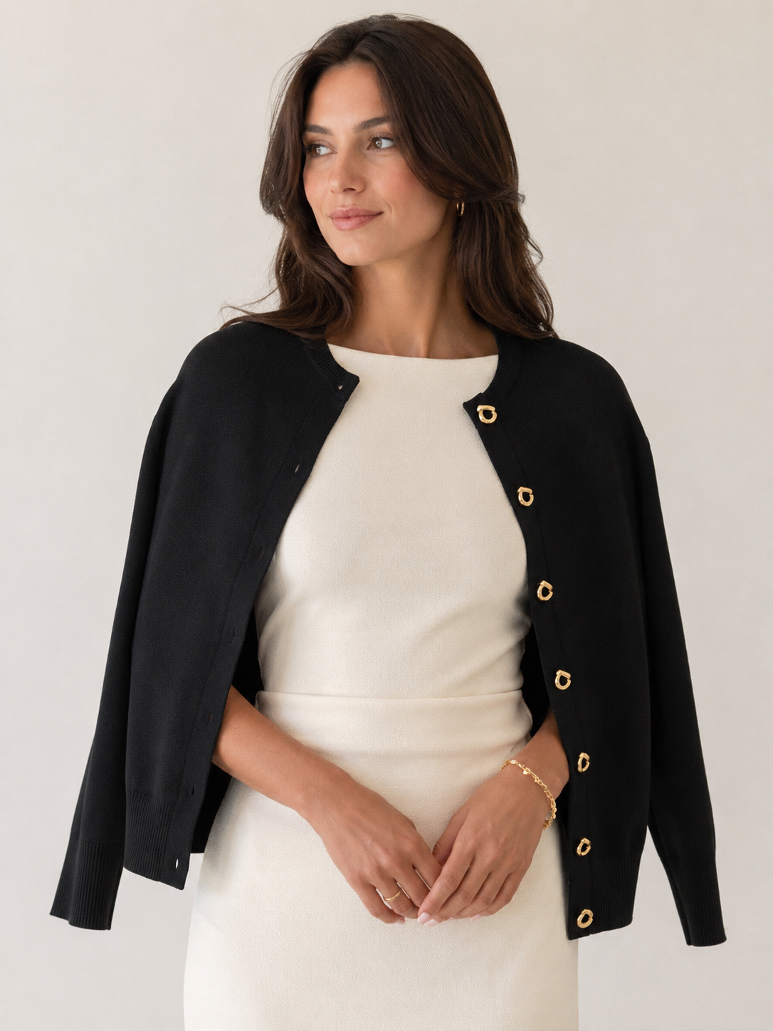 Gold Button Knit Cardigan – O-Neck Long Sleeve Sweater