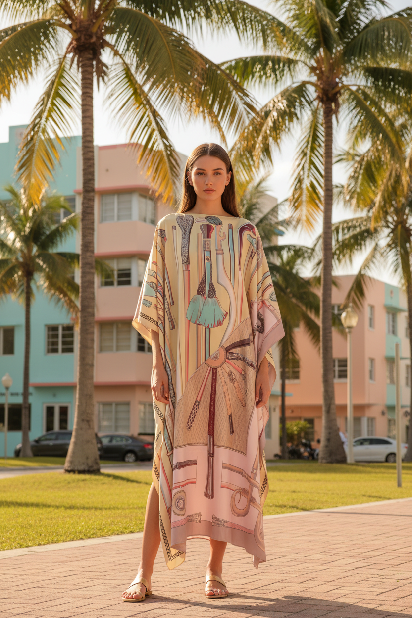 Pastel Printed Oversized Kaftan Dress Silk-Listed Beauty Print – One Size Resort Style