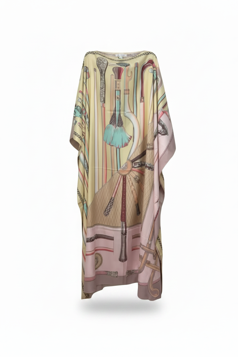 Pastel Printed Oversized Kaftan Dress Silk-Listed Beauty Print – One Size Resort Style