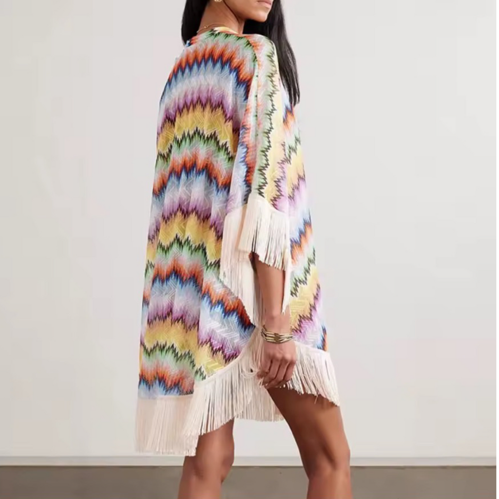 Rainbow Striped Tassel Mini Dress – One Size Loose Fit Resort Style