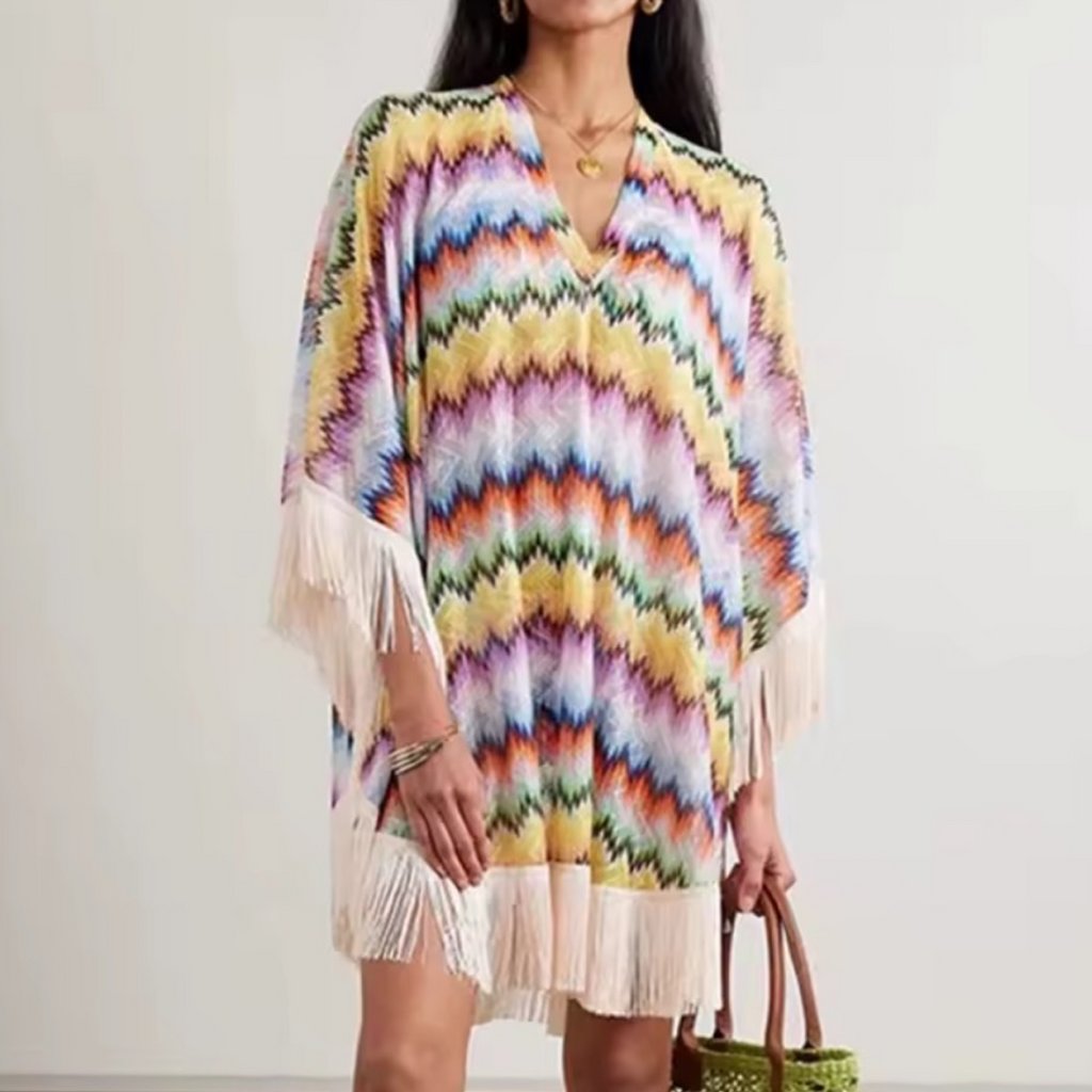 Rainbow Striped Tassel Mini Dress – One Size Loose Fit Resort Style