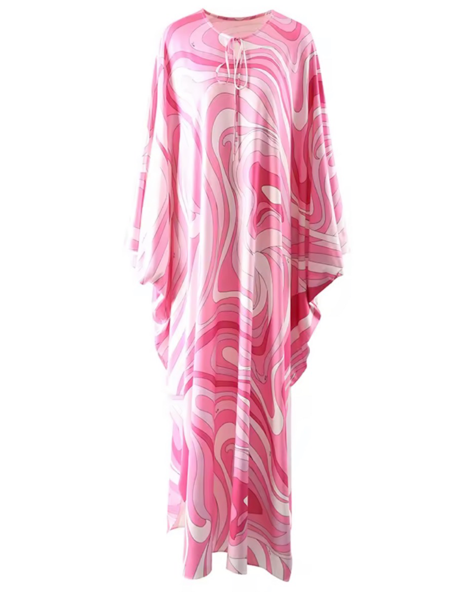 Pink Abstract Print Loose Kaftan Maxi Dress – Batwing Sleeve Resort Dress
