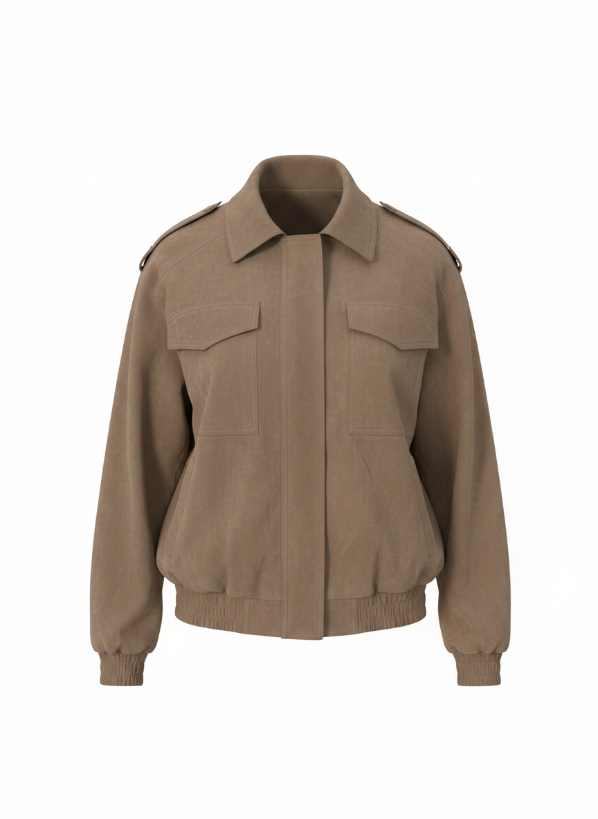 Khaki Suede-Look Bomber Jacket with Pockets