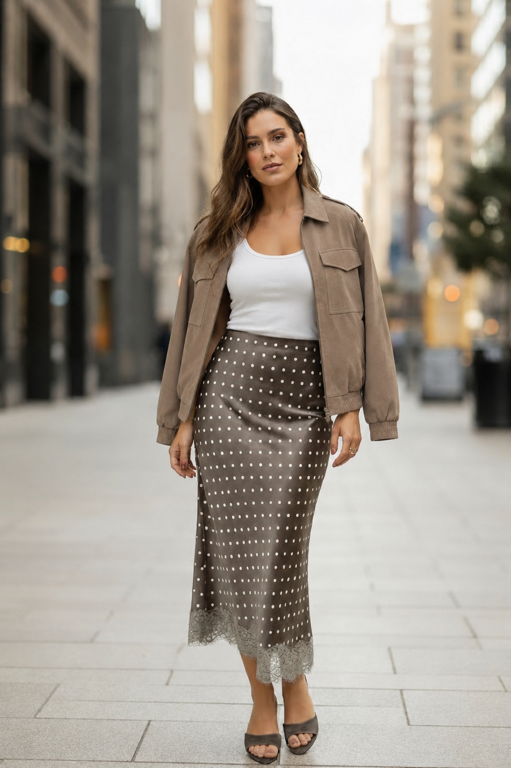 Mocha Brown Polka Dot Lace-Hem Midi Skirt – High Waist A-Line Fit