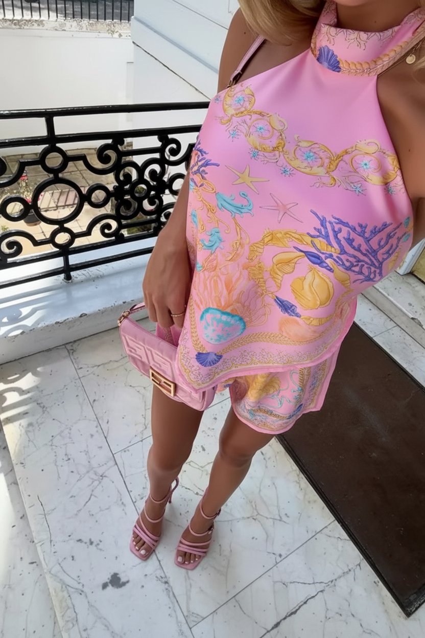 Resort Scarf-Print Halter Top & Shorts Set – Slim Fit Sleeveless Two-Piece Summer Set