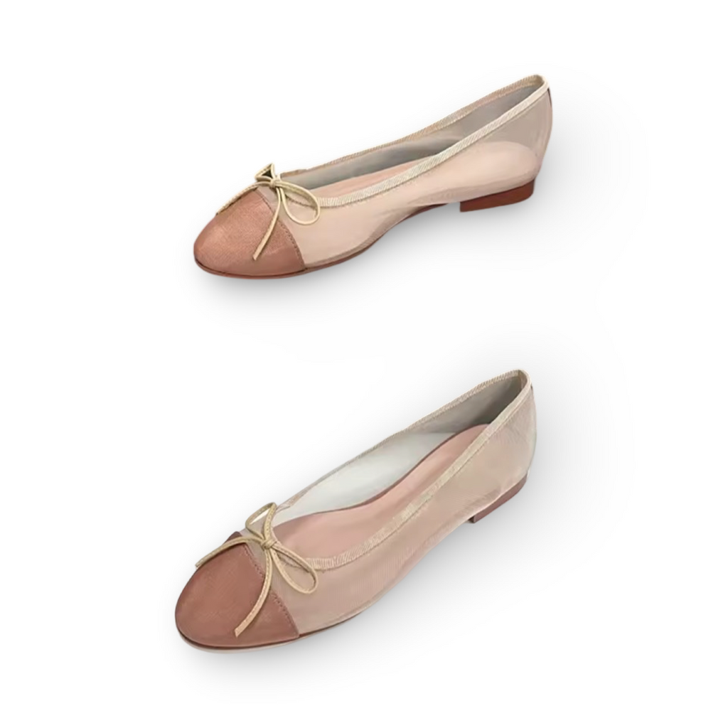 Sheer Mesh Ballet Flats with Cap Toe Bow Detail – Handmade Leather Sole (Generic)