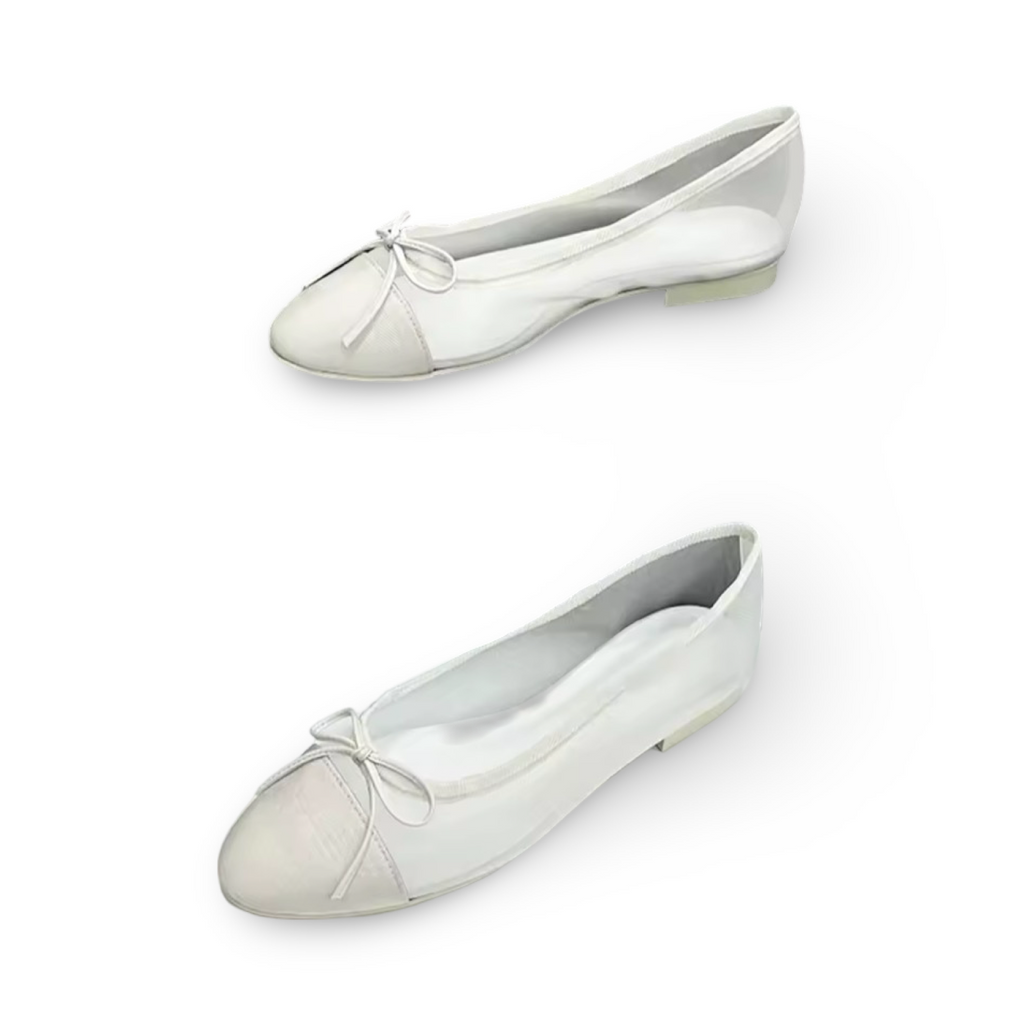 Sheer Mesh Ballet Flats with Cap Toe Bow Detail – Handmade Leather Sole (Generic)