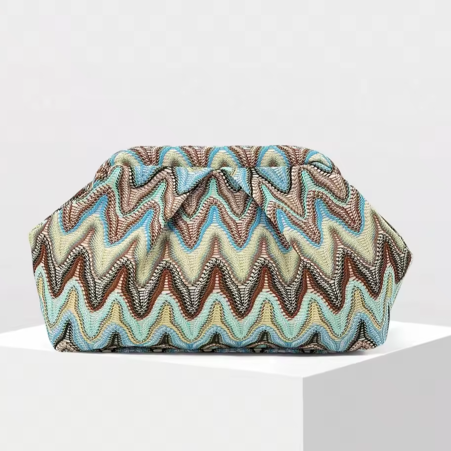 European Resort Zigzag Jacquard Cloud Clutch Bag – Pastel Knit Evening Bag