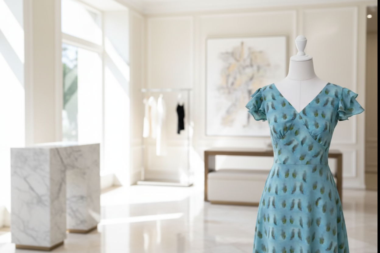 Aqua Feather Print V-Neck A-Line Midi Dress