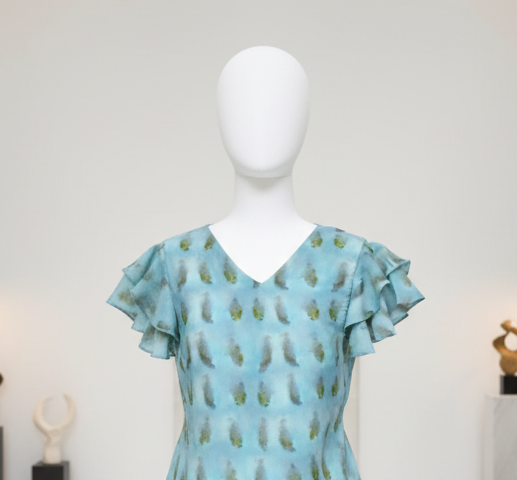 Aqua Feather Print V-Neck A-Line Midi Dress