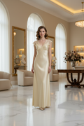 Yellow Lace Trim V-Neck Maxi Dress – Silk Fabric