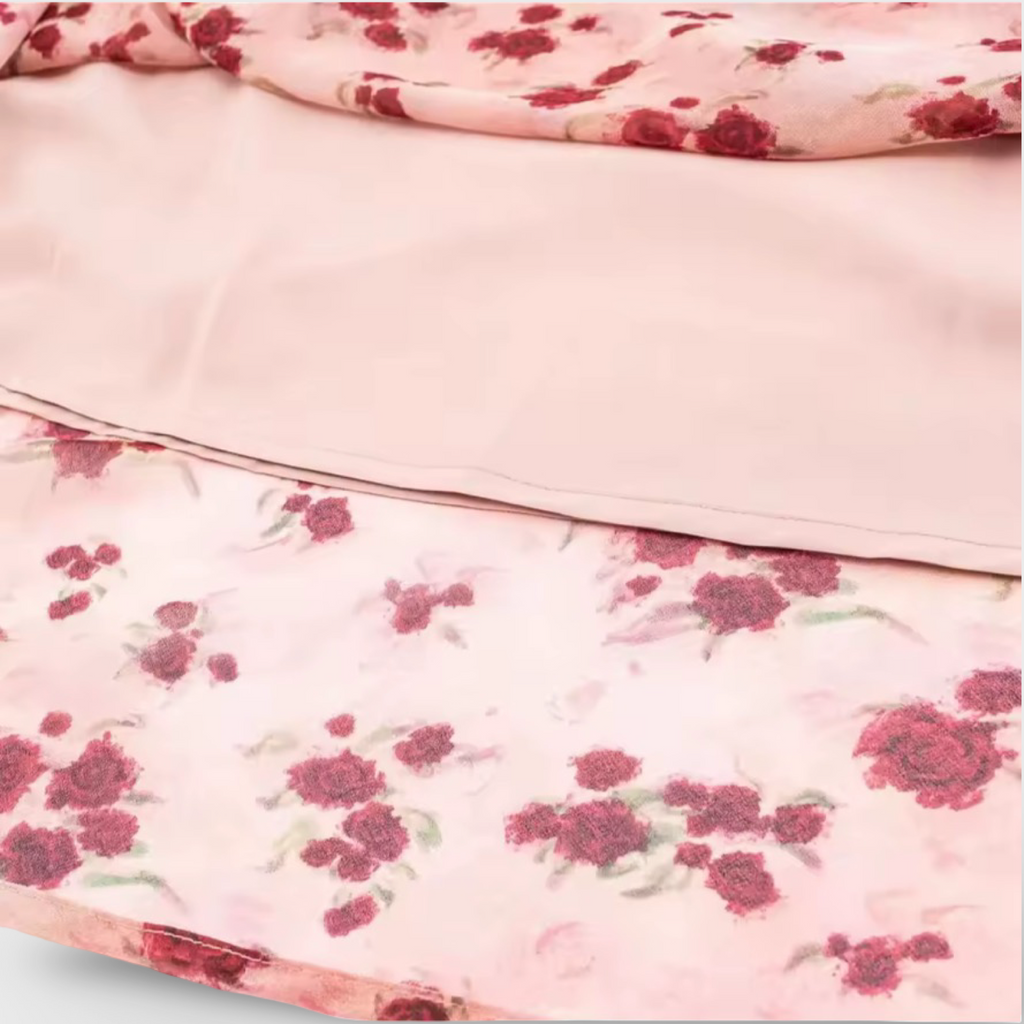 Pink Floral Lace Trim Midi Dress V-Neck Ruffle Sleeve Fit & Flare – Romantic m Chic – Regular Fit
