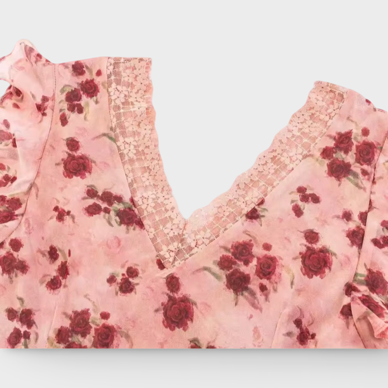 Pink Floral Lace Trim Midi Dress V-Neck Ruffle Sleeve Fit & Flare – Romantic m Chic – Regular Fit
