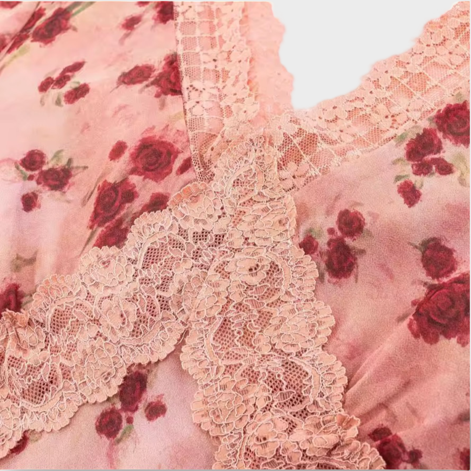 Pink Floral Lace Trim Midi Dress V-Neck Ruffle Sleeve Fit & Flare – Romantic m Chic – Regular Fit