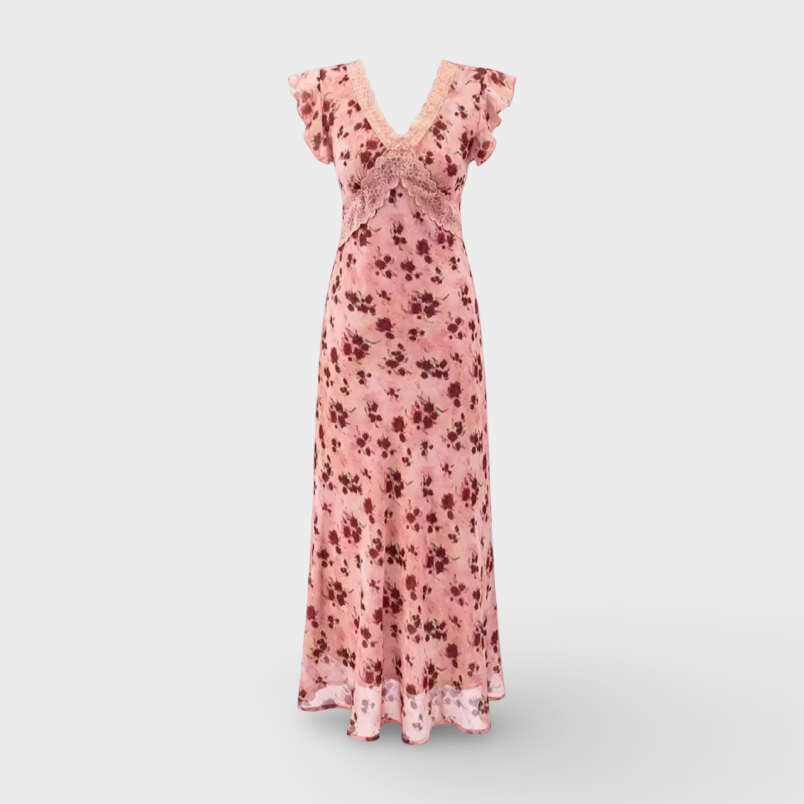 Pink Floral Lace Trim Midi Dress V-Neck Ruffle Sleeve Fit & Flare – Romantic m Chic – Regular Fit