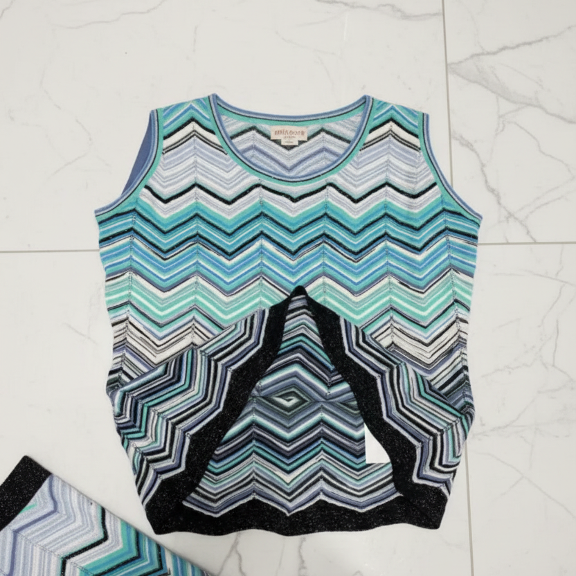 Blue Chevron Knit Sleeveless Top & Wide Leg Pants  Matching Set
