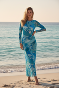 Aqua Paisley Sheer Overlay Maxi Dress – Long Sleeve A-Line Resort Vacation Dress for Women