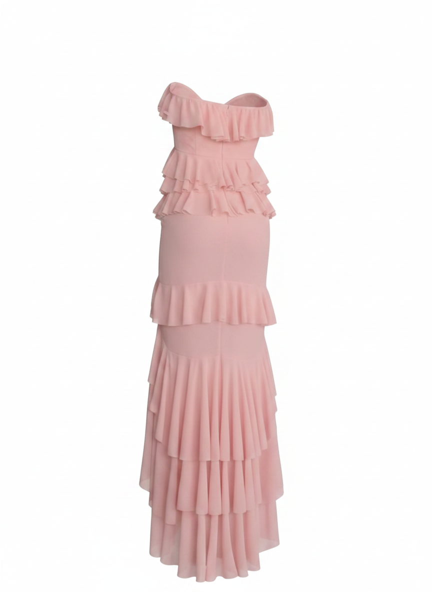 Women’s Strapless Pink Ruffle Chiffon Maxi Dress | High-Waist Occasion Dress