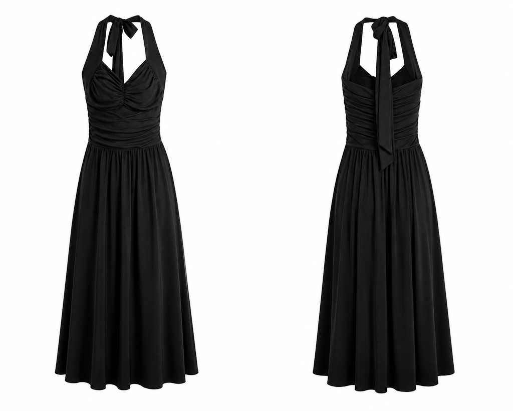 Ruched Halter A-Line Midi Dress – Black & Champagne Beige