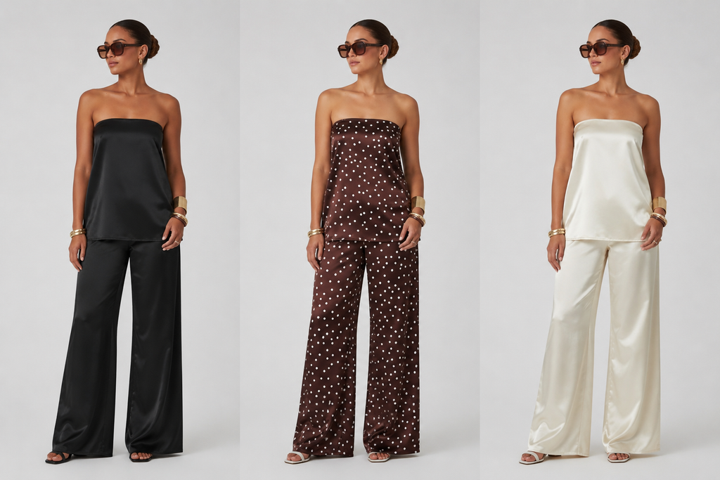 Satin Strapless Two-Piece Pant co-Ord Outfit– Off-White , Black, Brown with White Polka Dot
