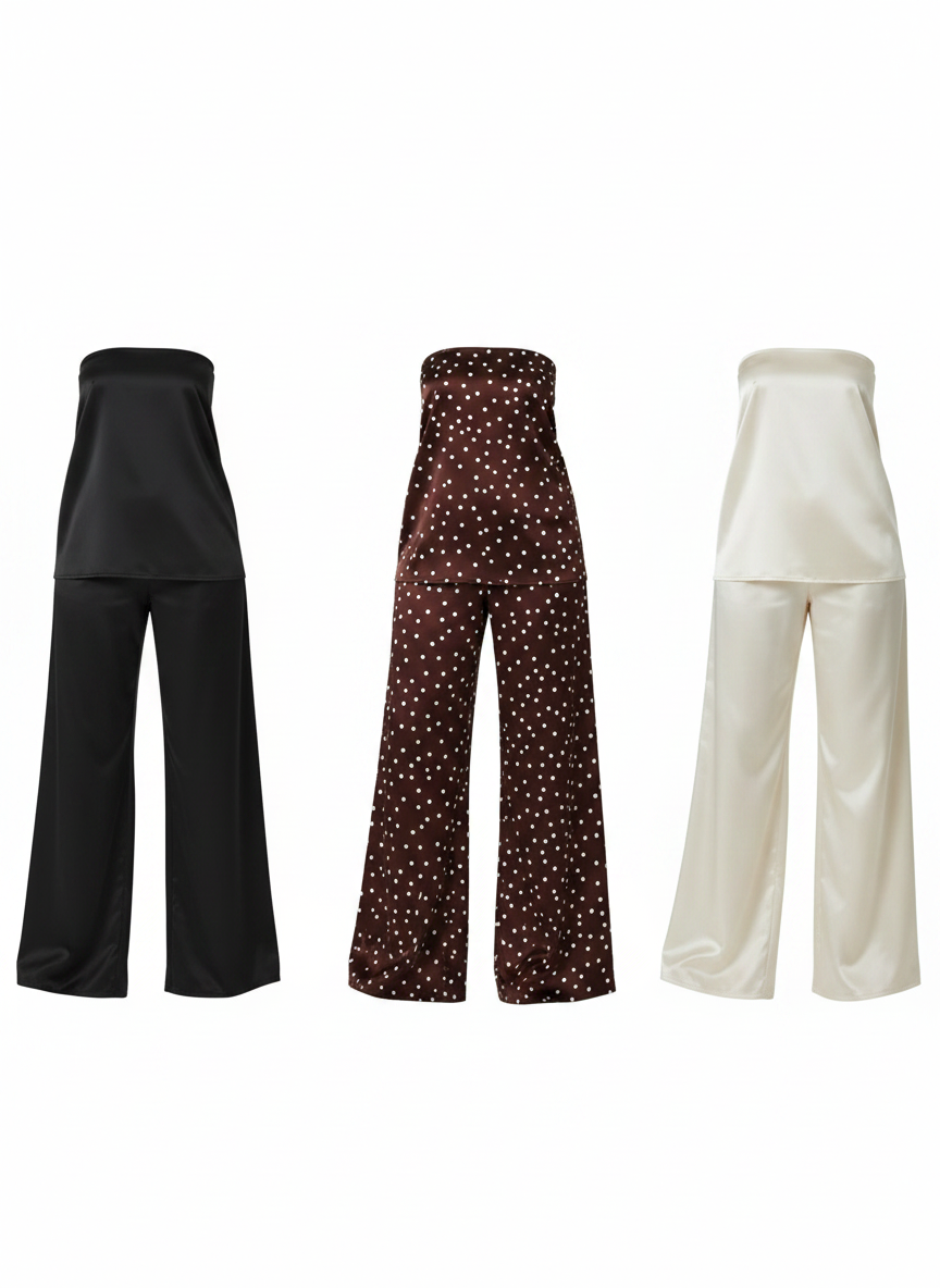 Satin Strapless Two-Piece Pant co-Ord Outfit– Off-White , Black, Brown with White Polka Dot
