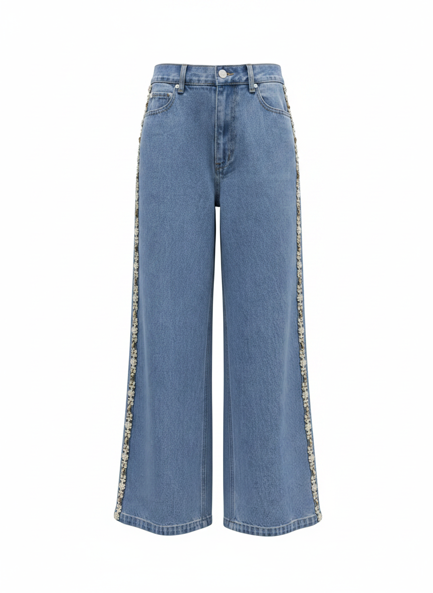 Rhinestone Collar Denim Shirt & High-Waist Wide-Leg Jeans Set