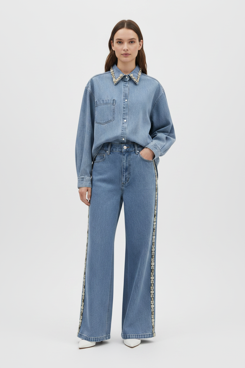 Rhinestone Collar Denim Shirt & High-Waist Wide-Leg Jeans Set