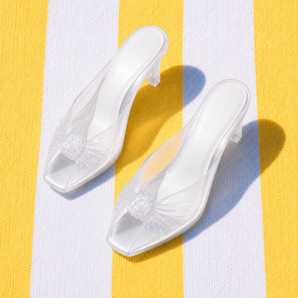 Designer Inspired Transparent Knot-Detail Jelly Mule Heels – Square Toe