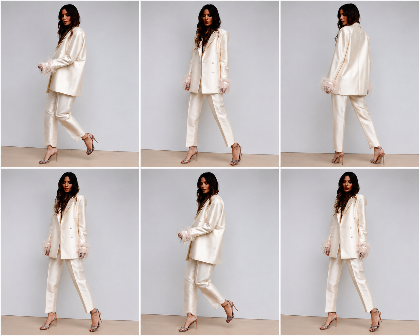 Feather-Cuff Double-Breasted Blazer & Tailored Pants Matching Co-Ord Outfit