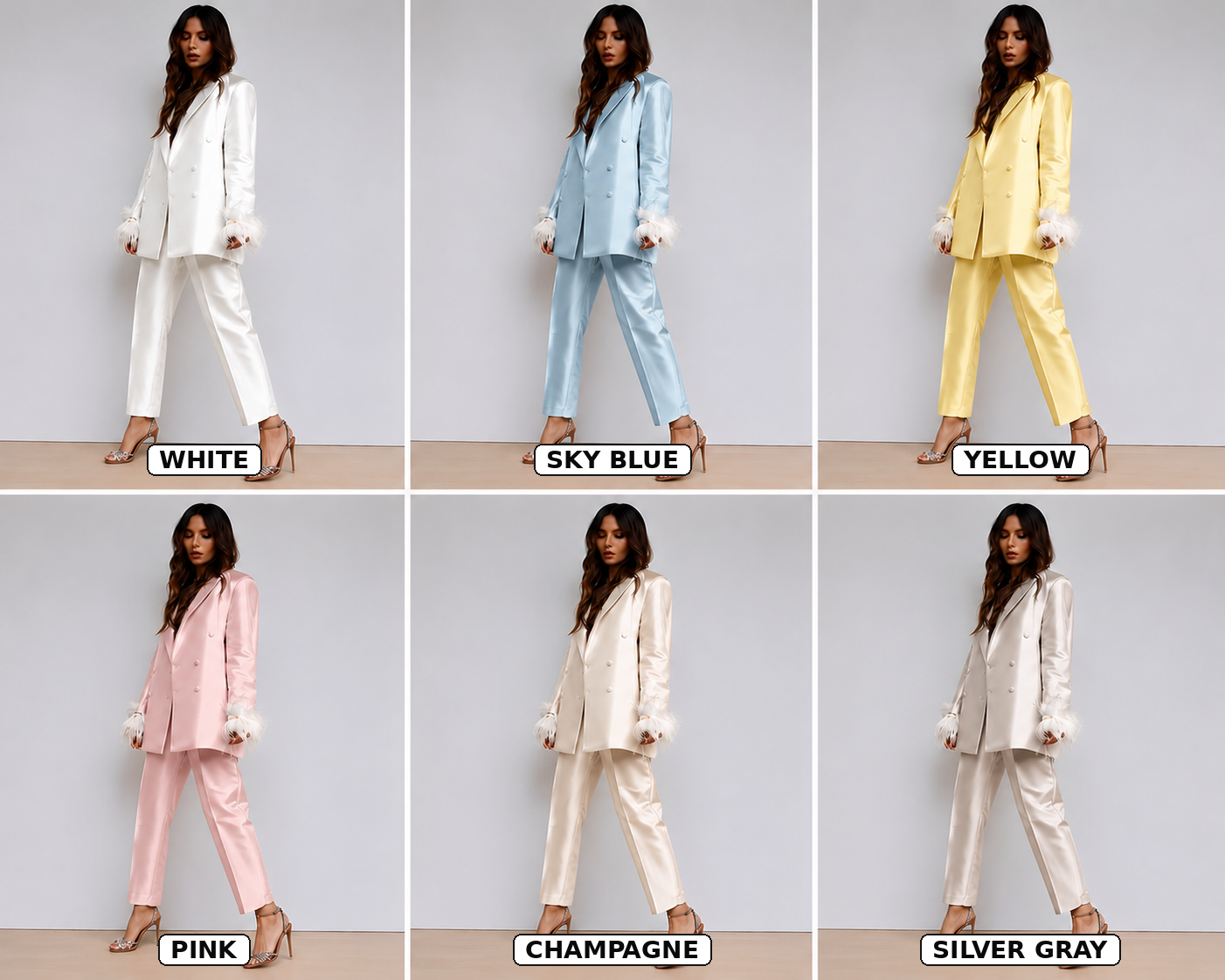 Feather-Cuff Double-Breasted Blazer & Tailored Pants Matching Co-Ord Outfit