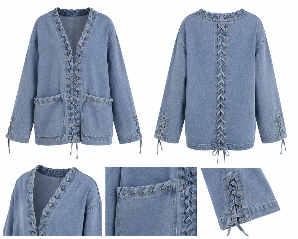 L’LUXE Lace-Up Oversized Denim Jacket – Sky Blue