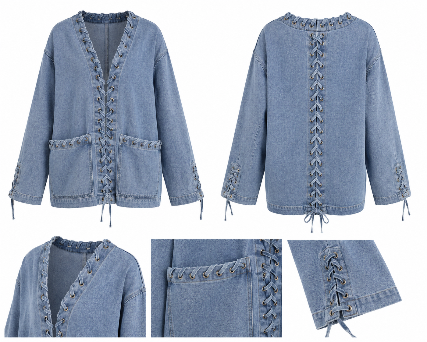 L’LUXE Lace-Up Oversized Denim Jacket – Sky Blue