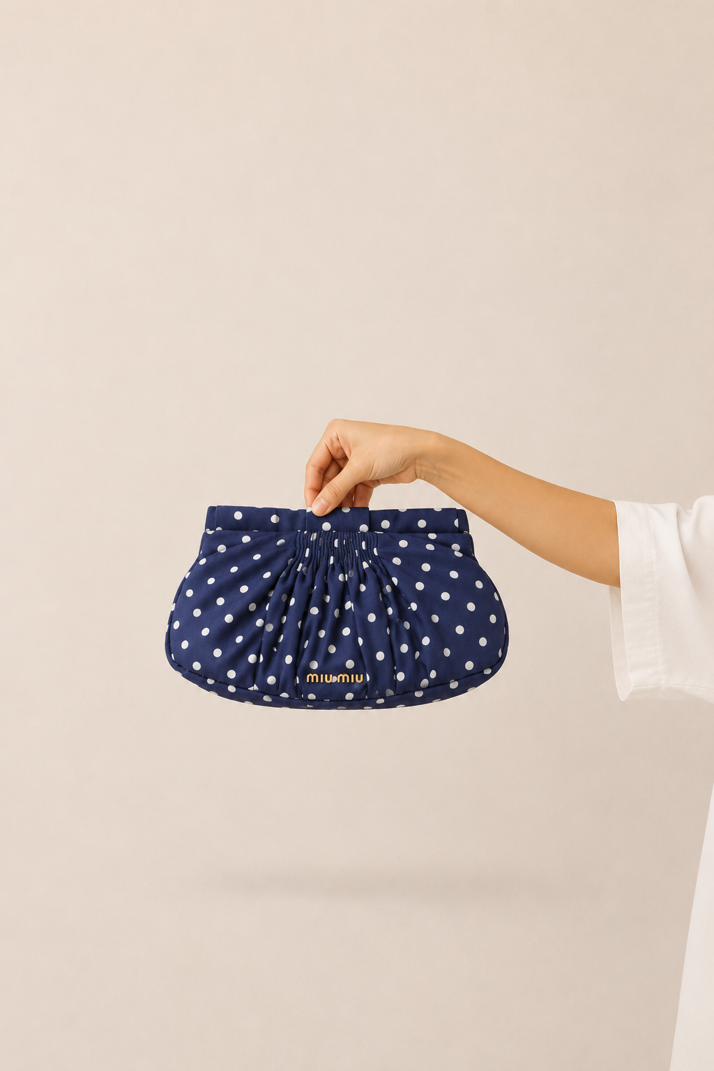 Miu Miu Blue White Polka Dot Nylon Gathered Clutch Pouch Bag Previously Owned Authentic