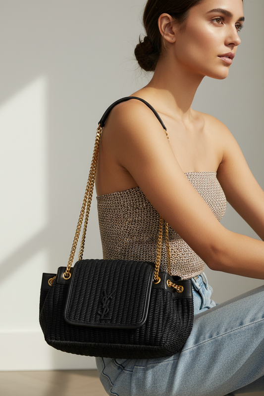 Saint Laurent Nolita Raffia Chain Shoulder Bag Black – Previously Owned -Very Good Condition | L’LUXE Authentic’s